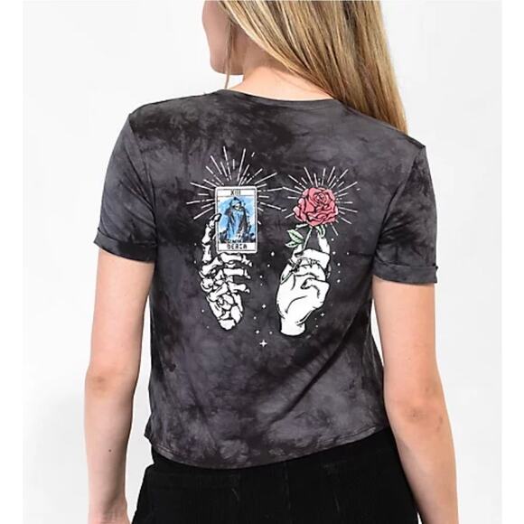 Empyre Tops - Empyre Johanna Skeleton Hand Black TieDye Crop Top TShirt Tarot Death Card Small